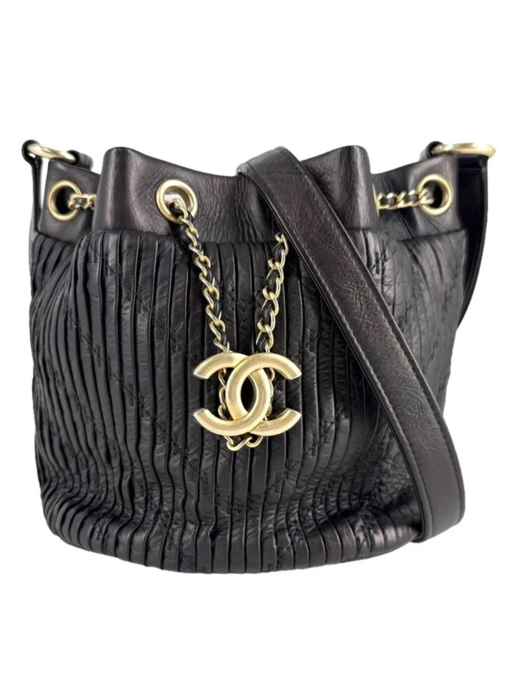 Chanel Shoulder Bag CC Logo Coco Pleated Stitch Bag Leather Black Gold Vintage